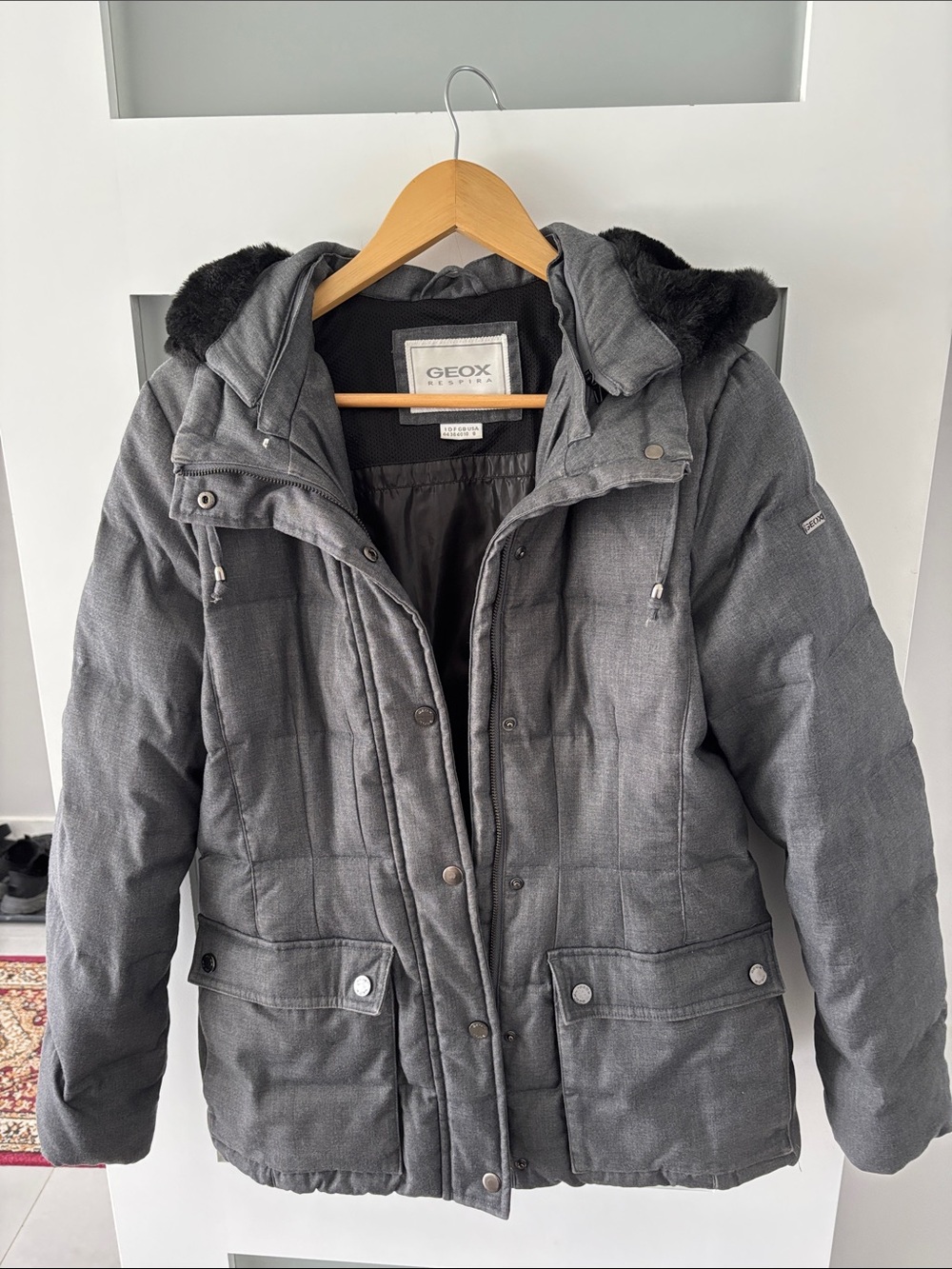 Geox Charcoal Quilted Coat with Black Faux Fur Hood